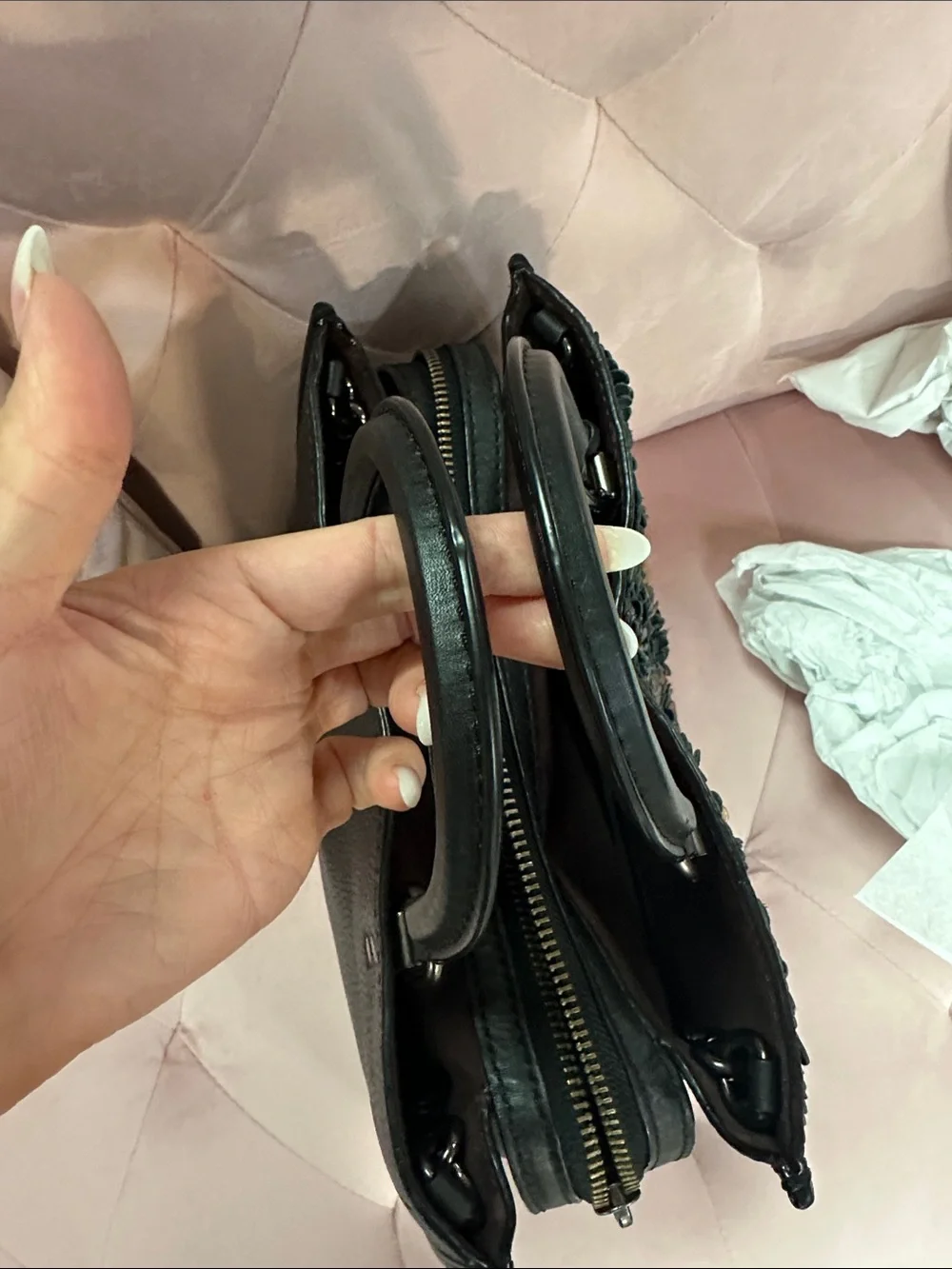 Coach Black Sequin Floral Satchel